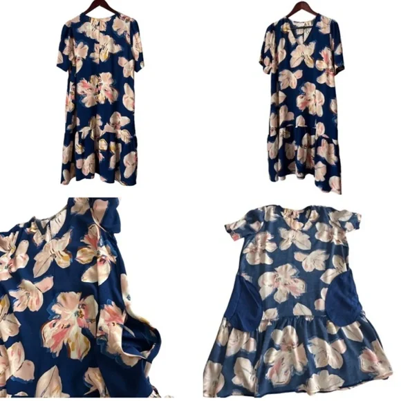 a new day Women M/L Blue Pink Floral Print Short Sleeve Above Knee Relaxed Dress - Picture 11 of 13
